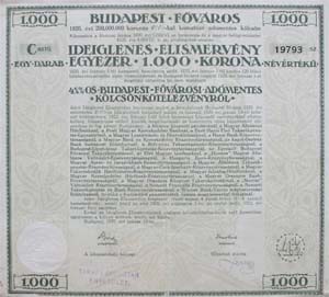Budapest Fvros Ktelezvny elismervny 1000 korona 1920