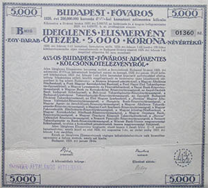 Budapest Fvros Ktelezvny elismervny 5000 korona 1920