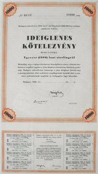 Budapest Szkesfvros Ktvny Ideiglenes Ktelezvny 1000 font sterling 1946