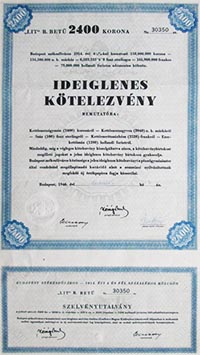 Budapest Szkesfvros Ktvny Ideiglenes Ktelezvny 2400 korona 1946