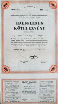 Budapest Szkesfvros Ktvny Ideiglenes Ktelezvny 400 korona 1946