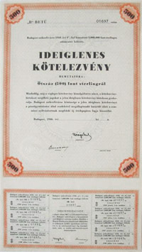 Budapest Szkesfvros Ktvny Ideiglenes Ktelezvny 500 font sterling 1946
