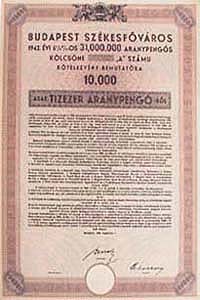 Budapest Szkesfvros Klcsn Ktelezvny 10000 aranypeng 1943