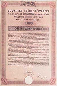 Budapest Szkesfvros Klcsn Ktelezvny 5000 aranypeng 1943