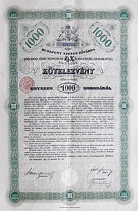Budapest Szkesfvros Ktelezvny 1000 korona 1897