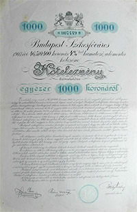 Budapest Szkesfvros Ktelezvny 1000 korona 1903