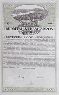 Budapest Szkesfvros Ktelezvny 1000 korona 1918