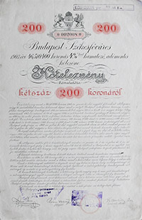 Budapest Szkesfvros Ktelezvny 200 korona 1903