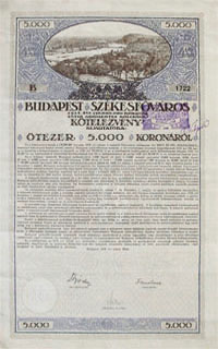 Budapest Szkesfvros Ktelezvny 5000 korona 1918