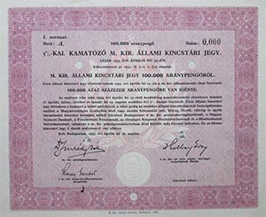 Magyar Kirlyi llami Kincstri Jegy 100000 aranypeng 1933