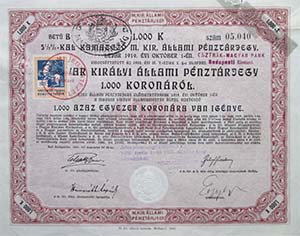 Magyar Kirlyi llami Pnztrjegy 1000 korona 1916 5,5% 3 v