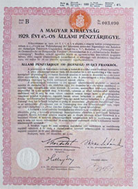 Magyar Kirlyi llami Pnztrjegy 100 frank 1929