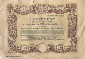Kecskemti Szikvzgyr Rszvnytrsasg rszvny 120 korona 1922 MINTA