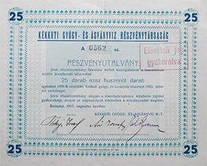 Kkkti Gygy- s svnyvz Rszvnytrsasg rszvnyutalvny 25x1000 korona 1923