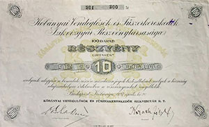 Kbnyai Vendglsk s Fszerkereskedk Szikvzgyr Rszvnytrsasga rszvny 100x10 1000 peng 1927