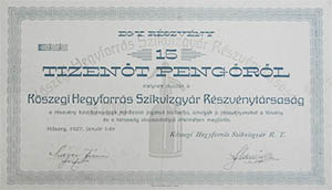Kőszegi Hegyforrás Szikvízgyár Részvénytársaság részvény 15 pengő 1927 Kőszeg