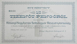 Kszegi Hegyforrs Szikvzgyr Rszvnytrsasg rszvny 15 peng 1927 Kszeg