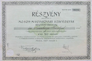 Moson-Magyaróvári Szikvízgyár Részvénytársaság részvény 10 pengő 1927