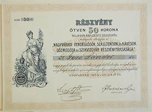 Nagyváradi Vendéglősök, Szállodások és Kávésok Gőzmosóda és Szikvízgyár Részvénytársasága részvény 50 korona 1903 Nagyvárad