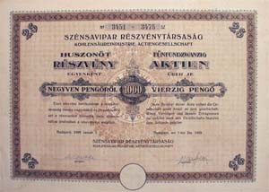 Szénsavipar Részvénytársaság részvény 25x40 1000 pengő 1939