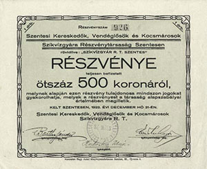 Szentesi Kereskedk, Vendglsk s Kocsmrosok Szikvzgyra Rszvnytrsasg rszvny 500 korona 1922