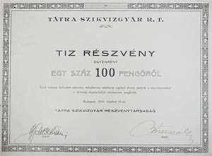 Ttra Szikvzgyr Rszvnytrsasg rszvny 10x100 1000 peng 1933