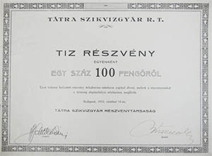 Tátra Szikvízgyár Részvénytársaság részvény 10x100 1000 pengő 1933
