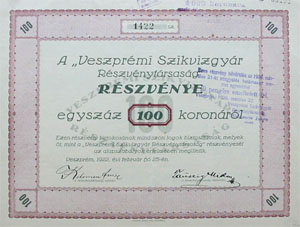 Veszprmi Szikvzgyr Rszvnytrsasg rszvny 100 korona 1922
