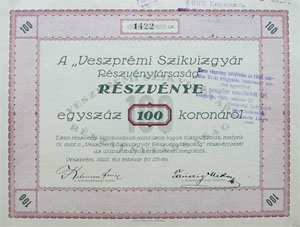 Veszprémi Szikvízgyár Részvénytársaság részvény 100 korona 1922
