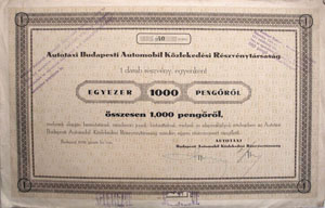 Autotaxi Budapesti Automobil Kzlekedsi Rszvnytrsasg rszvny 1000 peng 1938