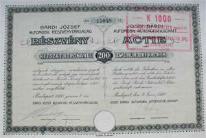Brdi Jzsef Automobil Rszvnytrsasg rszvny 200 korona 1920