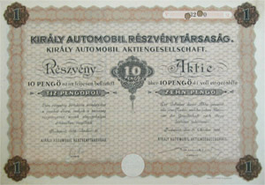 irly Autmobil Rszvnytrsasg rszvny 10 peng 1926
