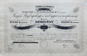 Magyar Lloydmvek Rszvnytrsasg ezeltt Magyar Lloyd Replgp- s motorgyr Rszvnytrsasg rszvny 5x200 1000 korona 1922