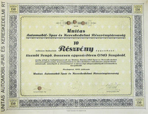 Unitas Automobil-Ipar s Kereskedelmi Rszvnytrsasg rszvny 10x15 150 peng 1927