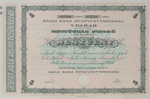 Hazai Bank Rszvnytrsasg rszvny 5 x 40 200 peng 1926