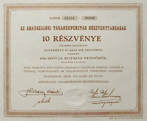 Abdszalki Takarkpnztr Rszvnytrsasg 100 peng 1944