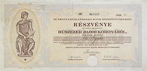 Abonyi Kzgazdasgi Bank Rszvnytrsasg rszvny 20000 korona 1924