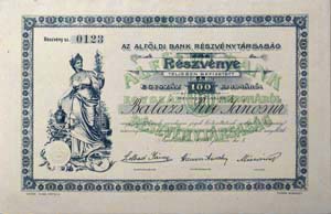 Alfldi Bank Rszvnytrsasg Szabadka rszvny 100 korona 1908