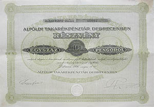 Alfldi Pnzintzet Rszvnytrsasg rszvny 100 peng 1926