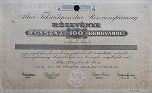 Alhi Takarkpnztr Rszvnytrsasg rszvny 100 korona 1920