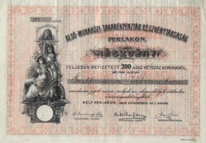 Als-Murakzi Takarkpnztr Rszvnytrsasg Perlakon rszvny 200 korona 1909