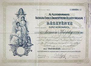 Alsfehrvrmegyei Gazdasgi Bank s Takarkpnztr  Rszvnytrsasg 100 korona 1903 Nagyenyed