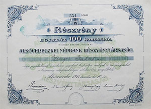Alsvereczkei Npbank Rszvnytrsasg rszvny 100 korona 1911