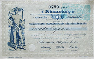 Alsvereczkei Takarkpnztr Rszvnytrsasg rszvny 100 korona 1911