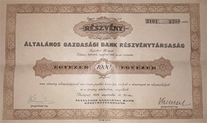 ltalnos Gazdasgi Bank Rszvnytrsasg rszvny 100x10 1000 pengo 1929
