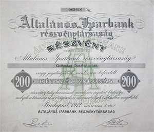 ltalnos Iparbank Rszvnytrsasg rszvny 200 korona 1912