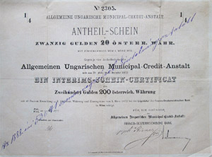 ltalnos Magyar Municiplis Hitelintzet rszjegy 20 forint 1872