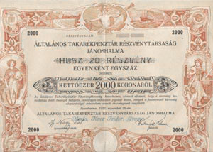 ltalnos Takarkpnztr Rszvnytrsasg (Jnoshalma) rszvny 20x100 2000 korona 1922 KNER MINTA