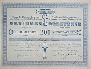 ltalnos Takarkpnztr Rszvnytrsasg Nagyvradon rszvny 200 lei 1922