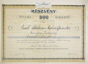 Aradi ltalnos Takarkpnztr Rszvnytrsasg rszvny 200 korona 1911